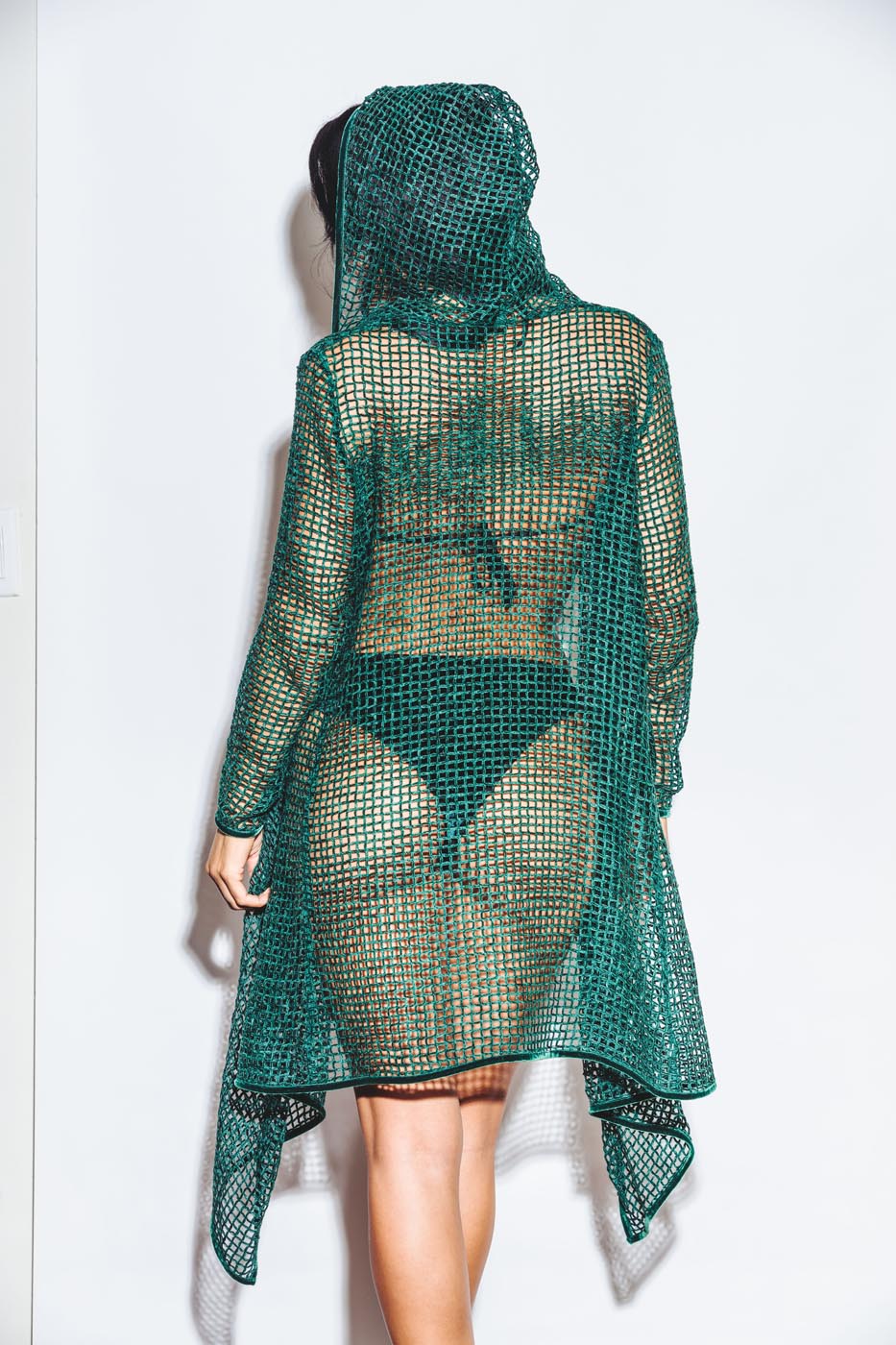Green Velvet Fishnet Cover With Hoodie